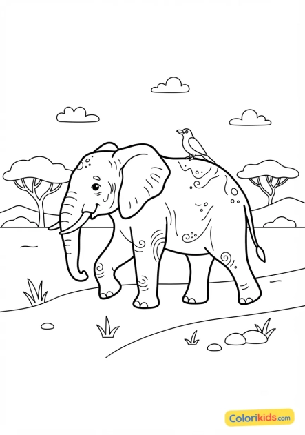 Coloriage à imprimer : Éléphant sage marchant lentement dans la savane paisible