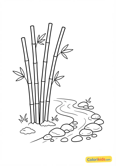 Coloriage à imprimer : bambous zen dressés près d'un ruisseau aux pierres lisses