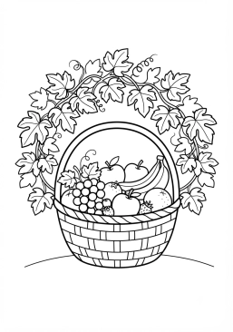 Voir le coloriage Panier rempli de fruits frais et de vignes luxuriantes