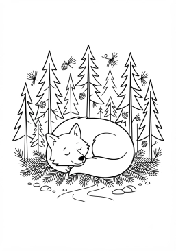Voir le coloriage Loup bienveillant endormi dans une forêt de grands pins