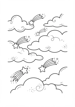 Voir le coloriage Ciel nuageux parsemé d'étoiles filantes et de doux nuages