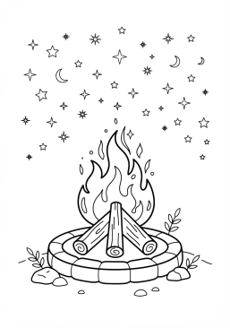 Voir le coloriage Feu de camp crépitant sous un ciel nocturne étoilé