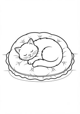 Voir le coloriage Chat pelotonné et endormi paisiblement sur un coussin moelleux