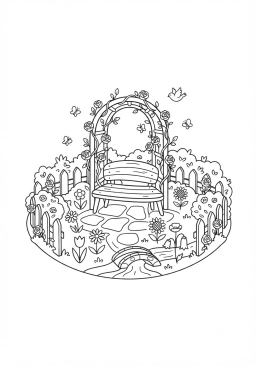 Voir le coloriage Jardin secret fleuri avec un petit banc accueillant