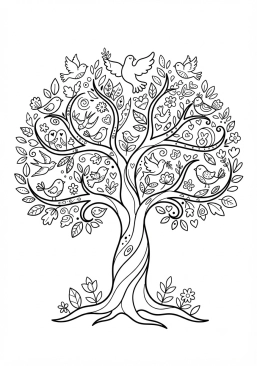 Voir le coloriage Grand arbre de la paix aux branches généreuses accueillant des oiseaux