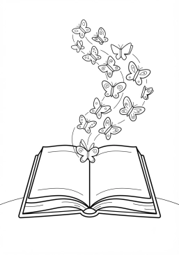 Voir le coloriage Grand livre ouvert laissant s'échapper des papillons de papier