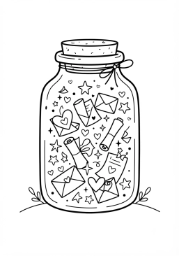 Voir le coloriage Bocal de verre magique rempli de petits mots doux et d'étoiles