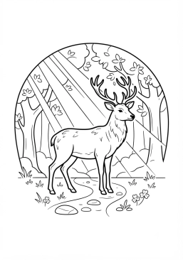 Voir le coloriage Cerf majestueux dans une clairière baignée de rayons de soleil