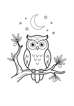 Voir le coloriage Hibou perché sur une branche d'olivier sous la lune