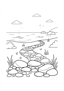Voir le coloriage Chemin de galets menant vers une mer apaisée