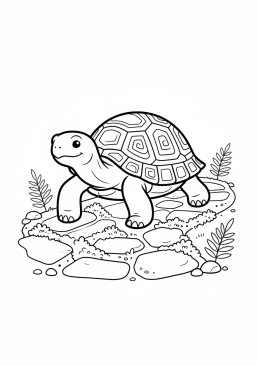 Voir le coloriage Tortue lente et sage avançant sur un sentier moussous