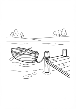 Voir le coloriage Petite barque en bois attachée à un quai en bois calme