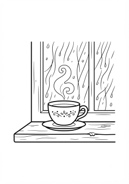 Voir le coloriage Tasse de thé fumante posée sur le rebord d'une fenêtre pluvieuse