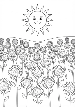 Voir le coloriage Champs de tournesols tournés vers un soleil souriant