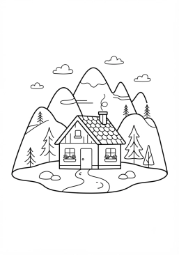 Voir le coloriage Petite cabane chaleureuse blottie au coeur des montagnes