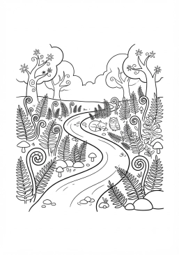 Voir le coloriage Ruisseau sinueux traversant une forêt enchantée de fougères