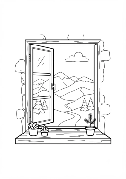 Voir le coloriage Fenêtre entrouverte sur un paysage de montagnes enneigées