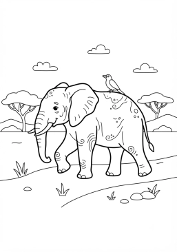 Voir le coloriage Éléphant sage marchant lentement dans la savane paisible