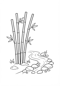Voir le coloriage Bambous zen dressés près d'un ruisseau aux pierres lisses