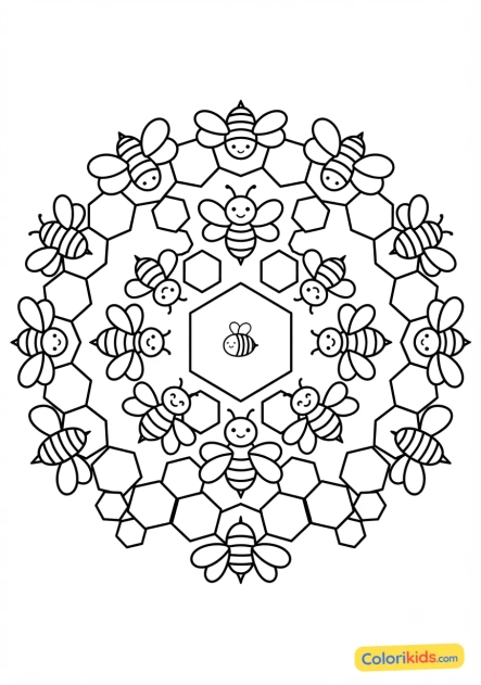Coloriage à imprimer : mandala abeilles et alvéoles