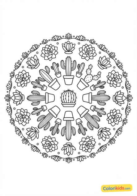Coloriage à imprimer : mandala cactus et plantes
