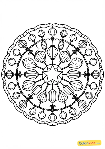 Coloriage à imprimer : mandala lanternes suspendues