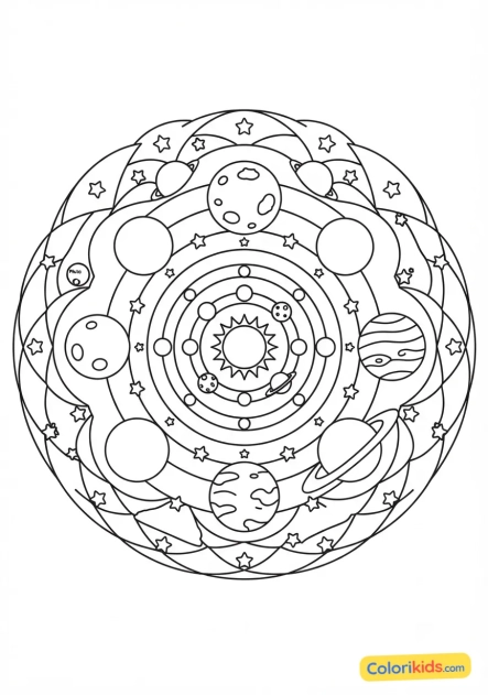 Coloriage à imprimer : mandala planètes simplifiées