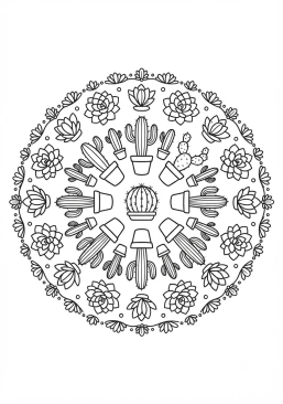 Coloriage Mandala cactus et plantes