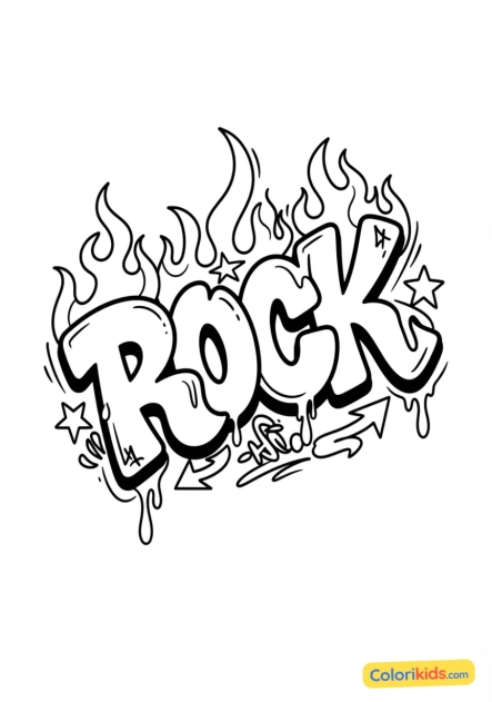 Coloriage à imprimer : lettrage ROCK enflammé