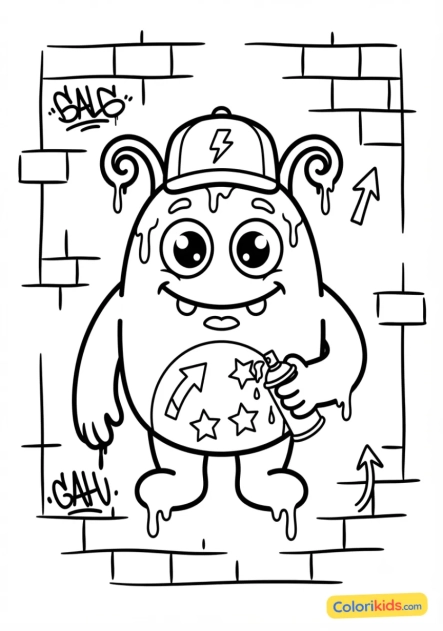 Coloriage à imprimer : monstre rigolo sur un mur brique