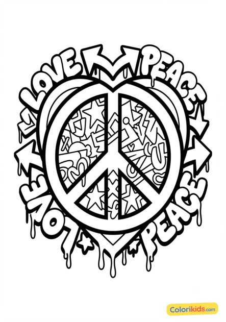 Coloriage à imprimer : symbole peace and love géométrique