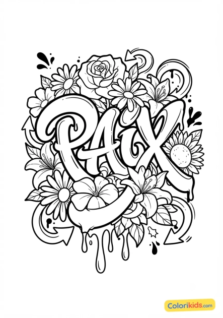 Coloriage à imprimer : lettrage PAIX et fleurs