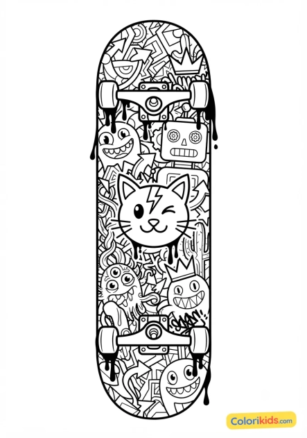 Coloriage à imprimer : planche de skate avec motifs graphiques