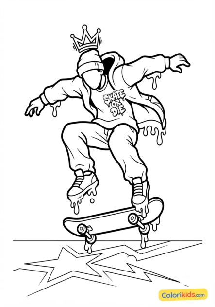 Coloriage à imprimer : skateboarder en plein saut
