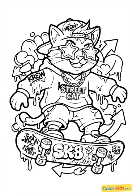 Coloriage à imprimer : chat skateur avec des lunettes de soleil