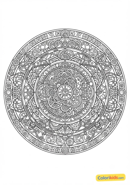 Coloriage à imprimer : mandala engrenages et horlogerie ancienne