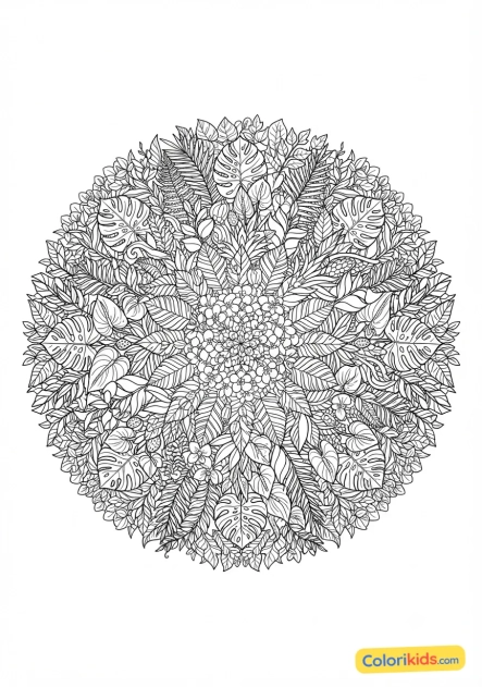 Coloriage à imprimer : mandala feuillage tropical dense