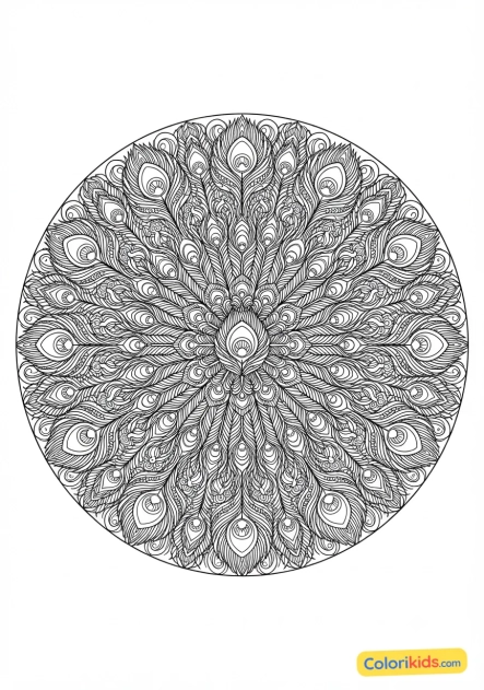Coloriage à imprimer : mandala plumes de paon détaillées