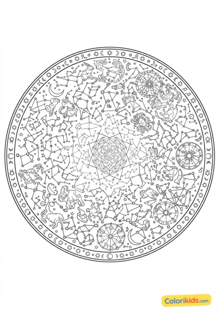Coloriage à imprimer : mandala constellation d'étoiles fines