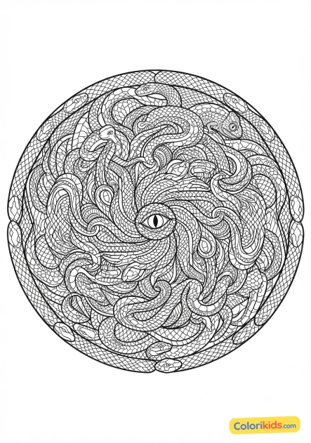 Coloriage à imprimer : mandala entrelacs de reptiles et écailles