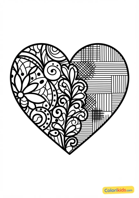 Coloriage à imprimer : coeur abstrait composé de dentelles graphiques et hachures