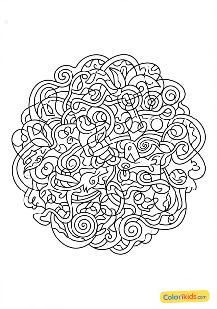 Coloriage à imprimer : mandala abstrait sans symétrie formé de lignes continues
