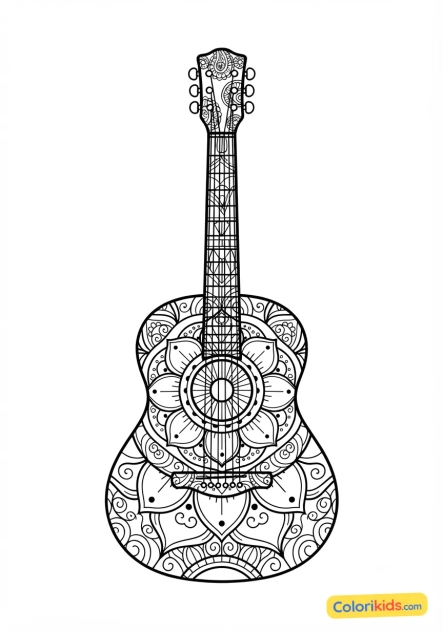 Coloriage à imprimer : guitare acoustique couverte de motifs de mandalas et zentangle
