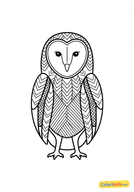 Coloriage à imprimer : chouette effraie aux plumes ornées de chevrons et hachures