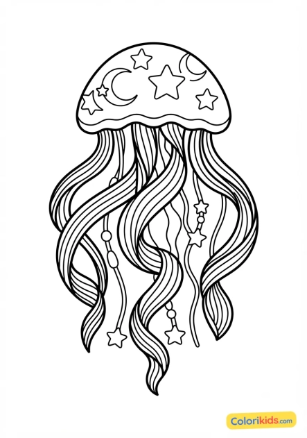 Coloriage à imprimer : méduse céleste aux tentacules formés de rubans de lignes