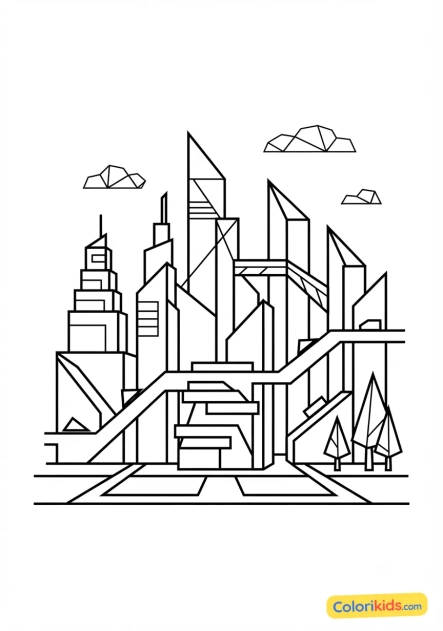 Coloriage à imprimer : ville futuriste dessinée uniquement avec des lignes droites et angles