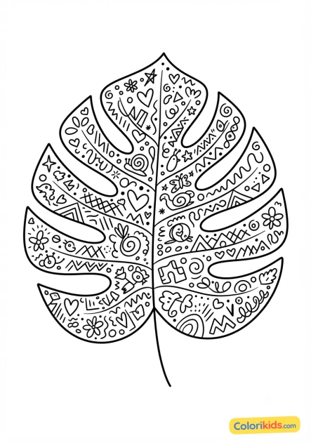 Coloriage à imprimer : feuille de monstera géante remplie de gribouillages graphiques