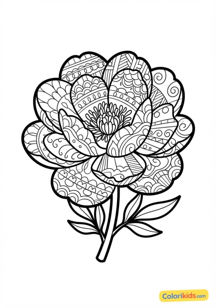 Coloriage à imprimer : fleur de pivoine géante aux pétales remplis de zentangle
