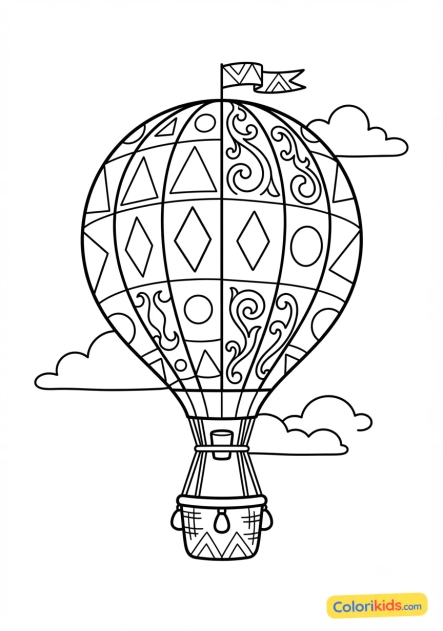 Printable coloring page: hot air balloon decorated with geometric and arabesque patterns