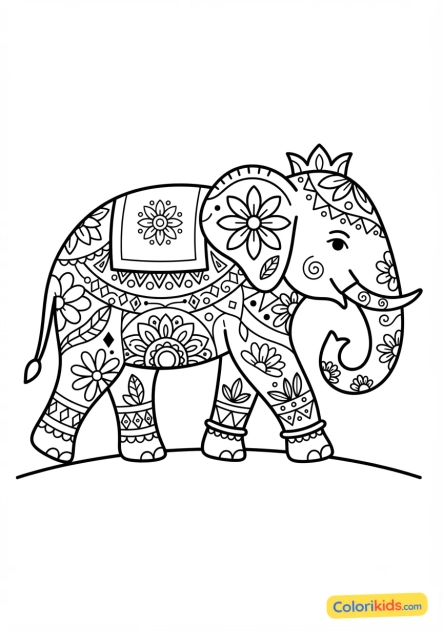 Coloriage à imprimer : Éléphant indien recouvert de motifs floraux et géométriques